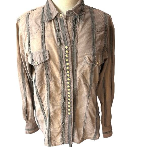 Scully Long Sleeve Pearl Snap Distressed Striped Shirt Womens Medium Brown - Picture 1 of 11